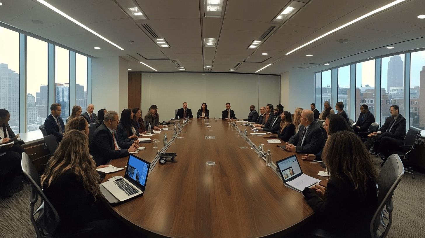 Executive board members seated at a long conference table in a high-rise office, discussing governance – Types of Board of Directors.