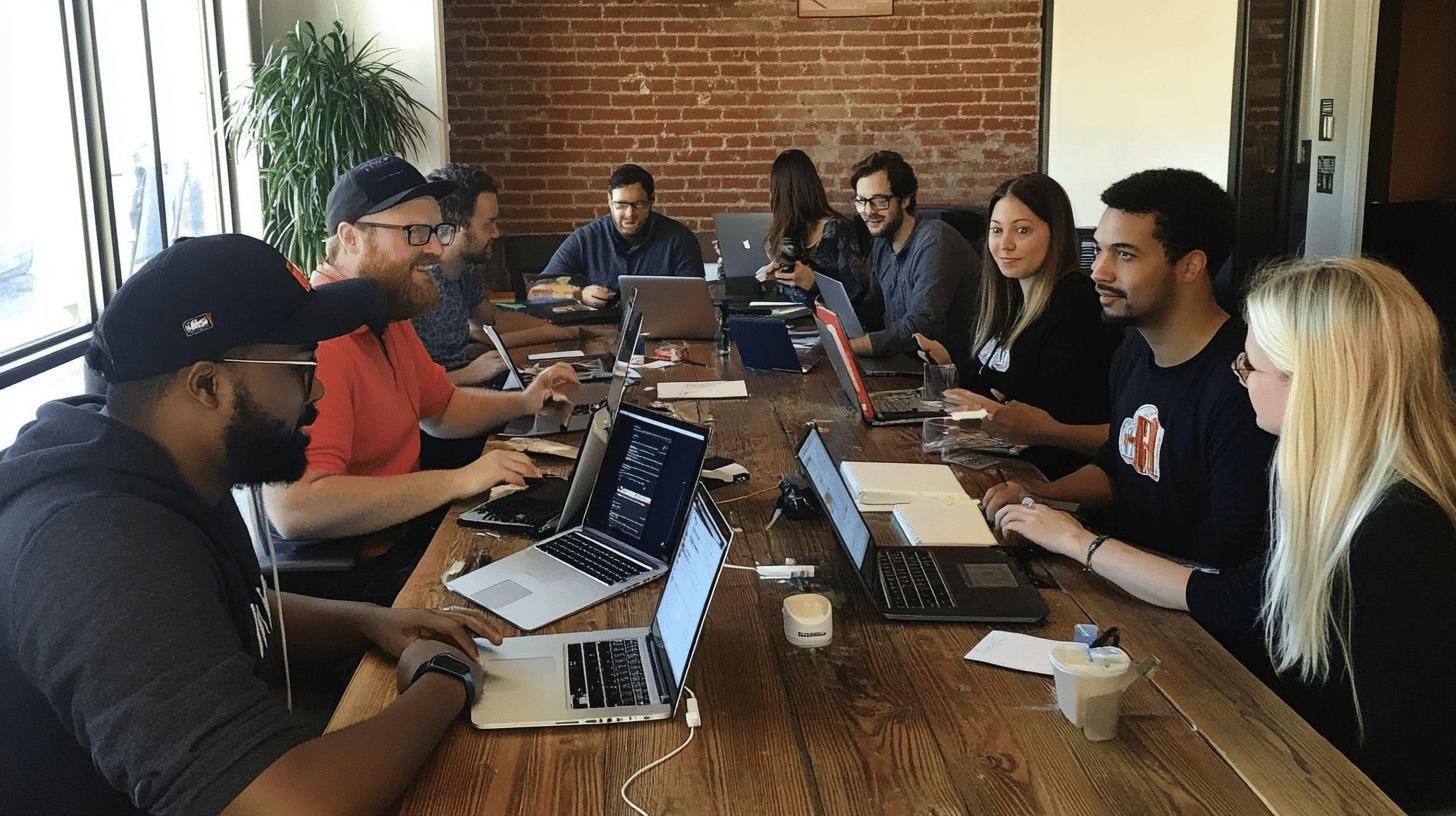 Team collaborating around a table with laptops, illustrating the concept of 'Self-Managed vs. Cross-Functional Teams.