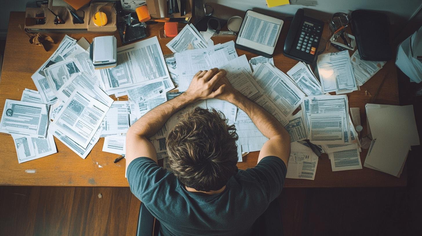 An overwhelmed entrepreneur facing the financial challenges of business growth and dealing with paperwork.