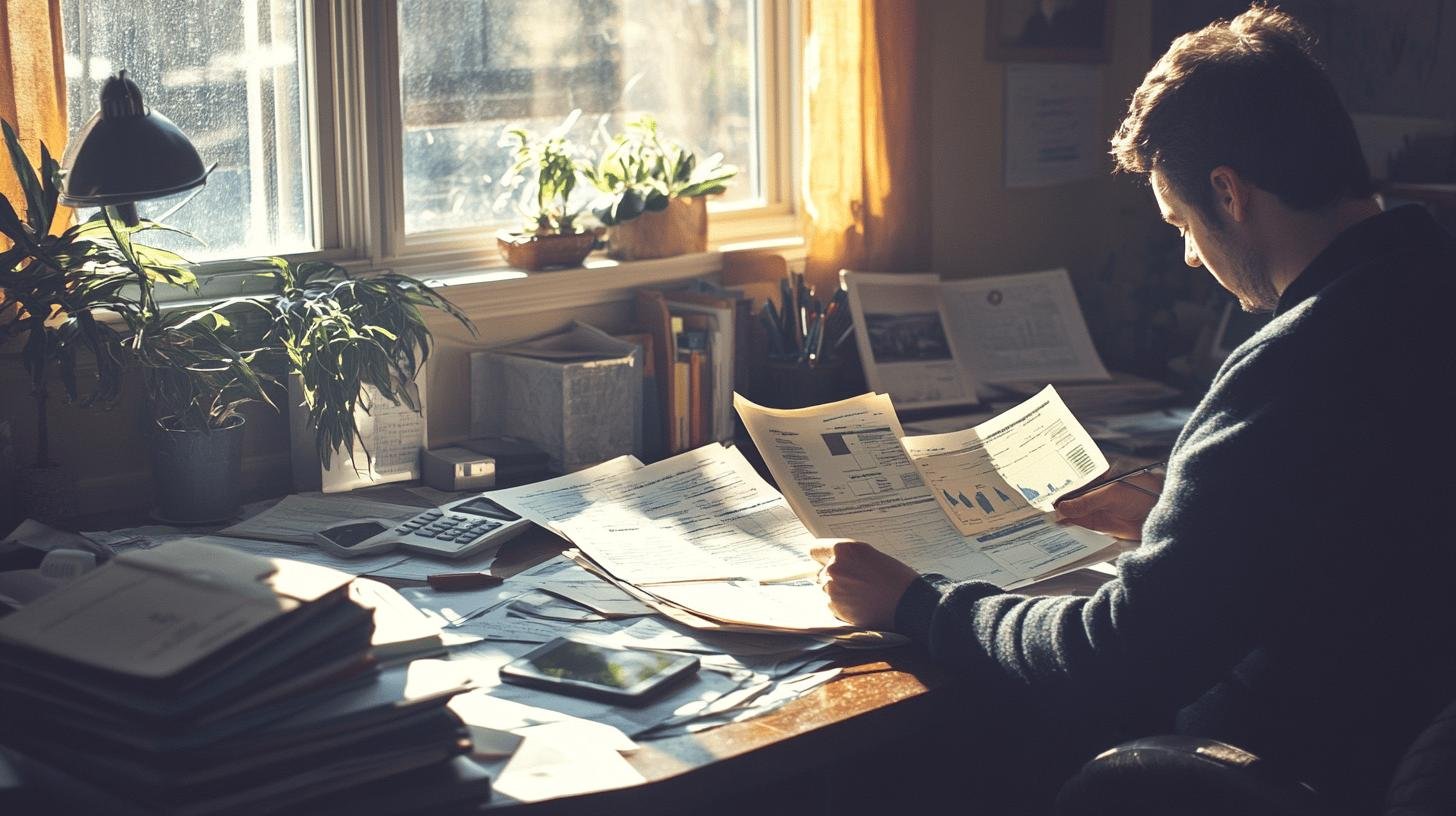 Man reviewing financial documents in a sunlit office, symbolizing Small Business Development.