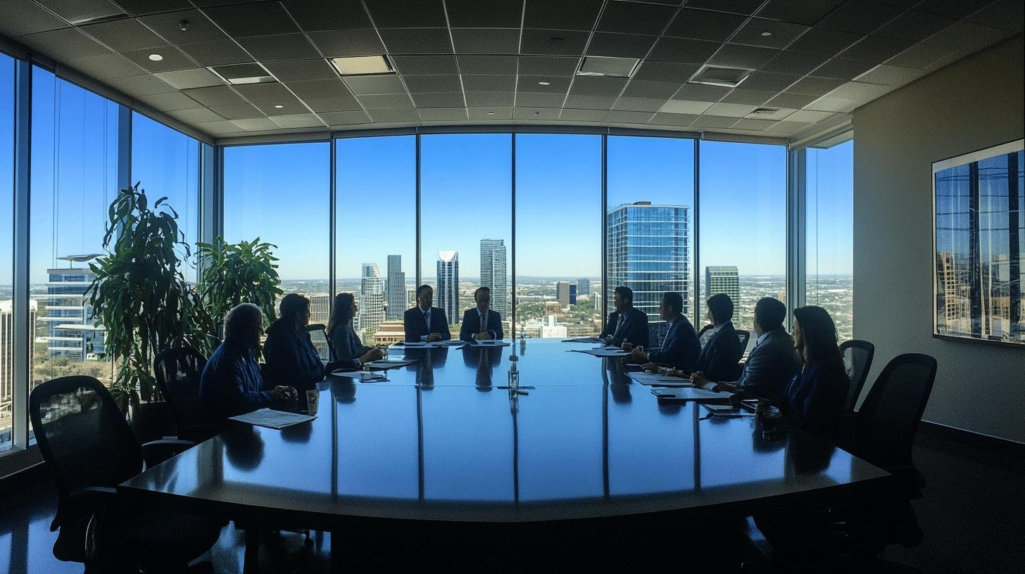 Executives in a boardroom with cityscape view, illustrating the structure of corporate governance.