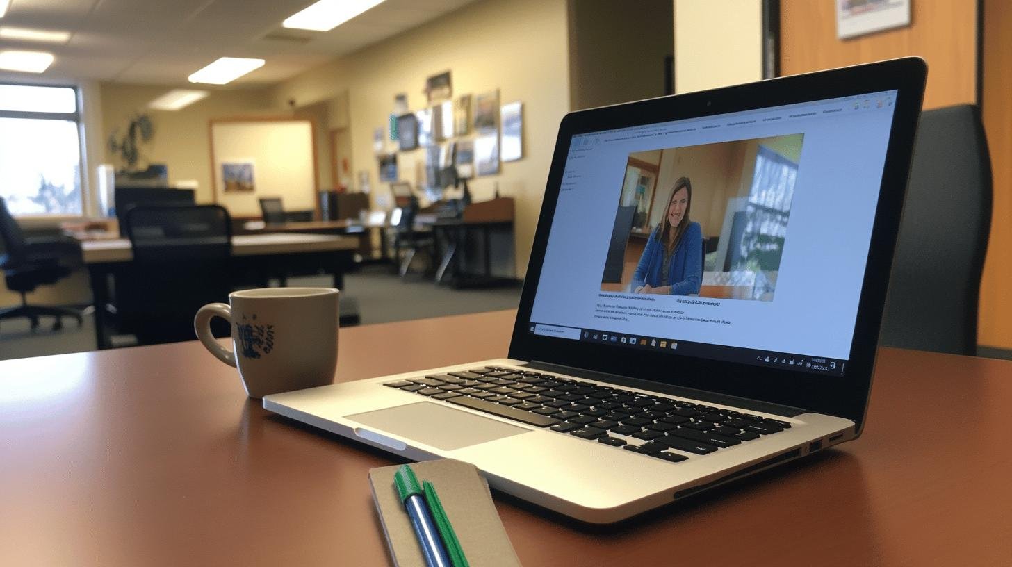 Laptop displaying a corporate governance training resource in an office setting.