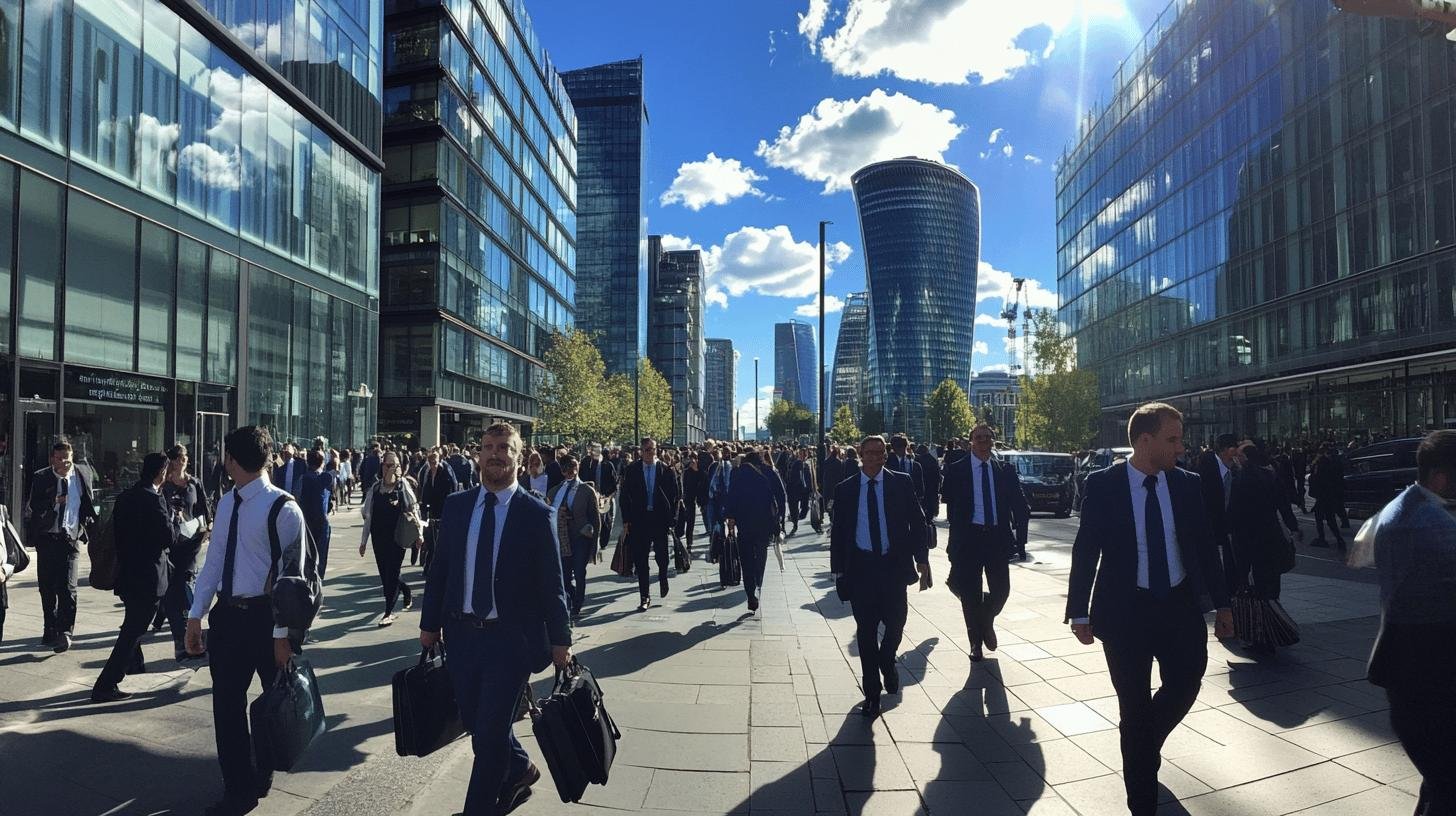 Crowd of business professionals walking through a city, reflecting work-life balance as a social issue.