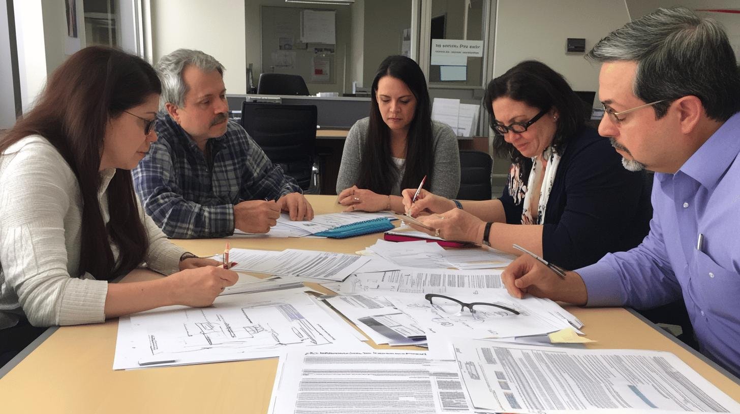 a group of people sitting around a table with papers - Grants for Business Growth