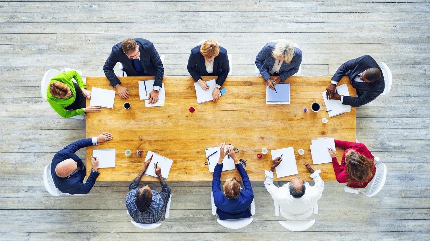 Top view of a corporate board meeting discussing Corporate Governance.