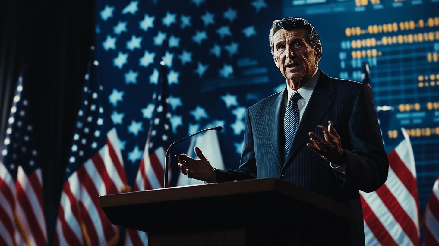 Speaker discusses Economic Liberty and Conservatism against a backdrop of American flags.