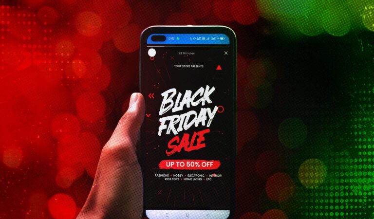 a hand holding a cell phone with Black Friday Sale message