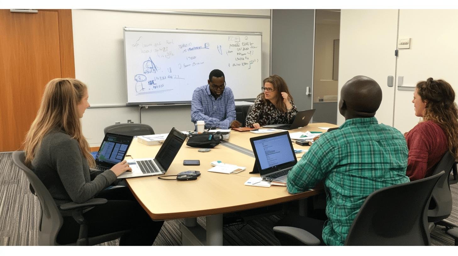 Team discussing strategies in a meeting room for effective cross-functional team activities.