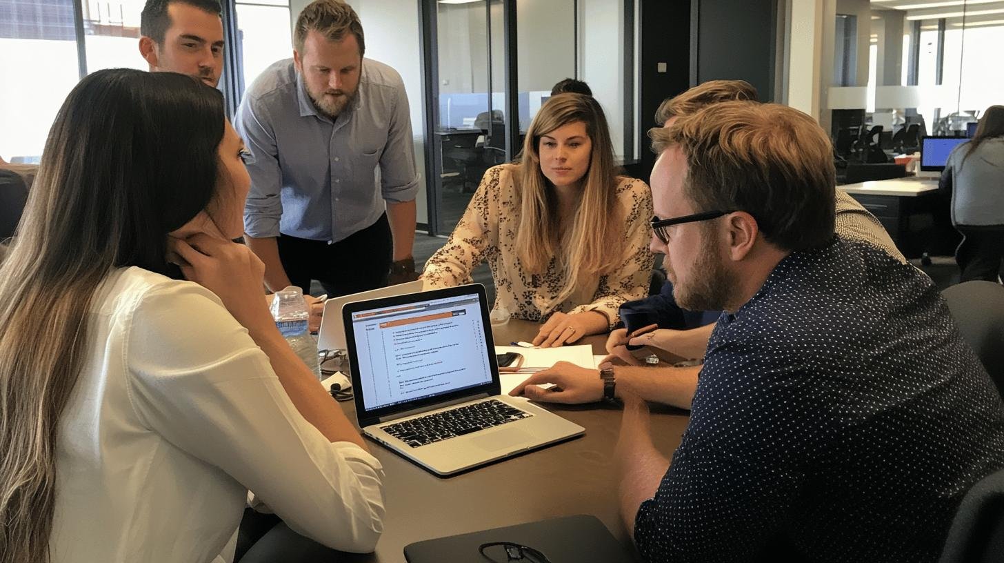 a group of people around a table - Cross Functional Knowledge Sharing