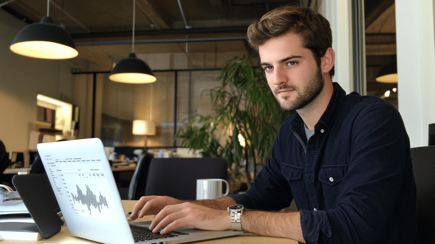 Young entrepreneur working on laptop, illustrating the features of economic liberty through individual entrepreneurship.