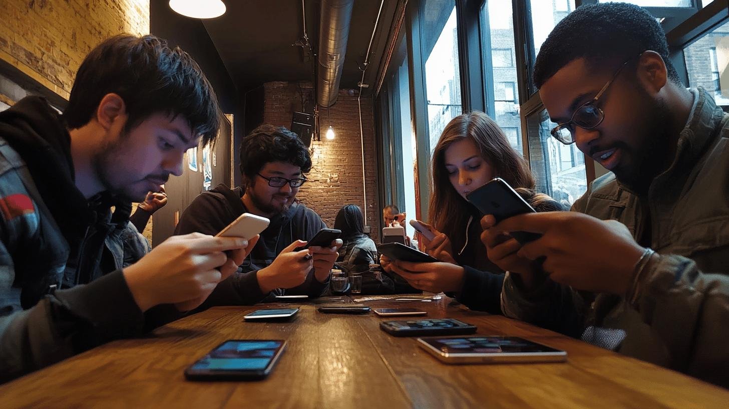 Group of young consumers on smartphones, illustrating how consumer sovereignty drives innovation and boosts economic growth.