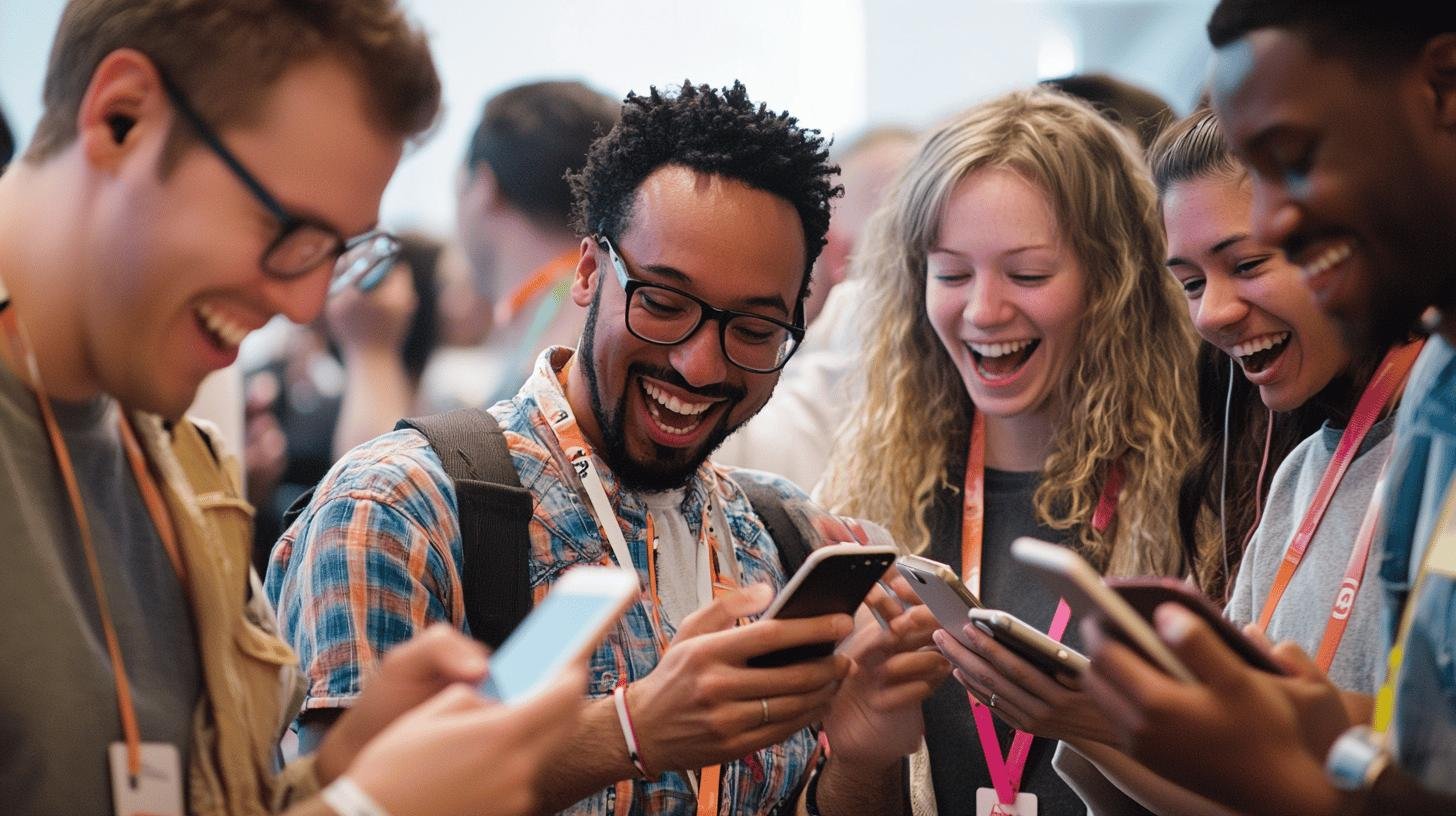 Group of diverse people smiling and engaging with smartphones, showing how consumer sovereignty helps drive progress.