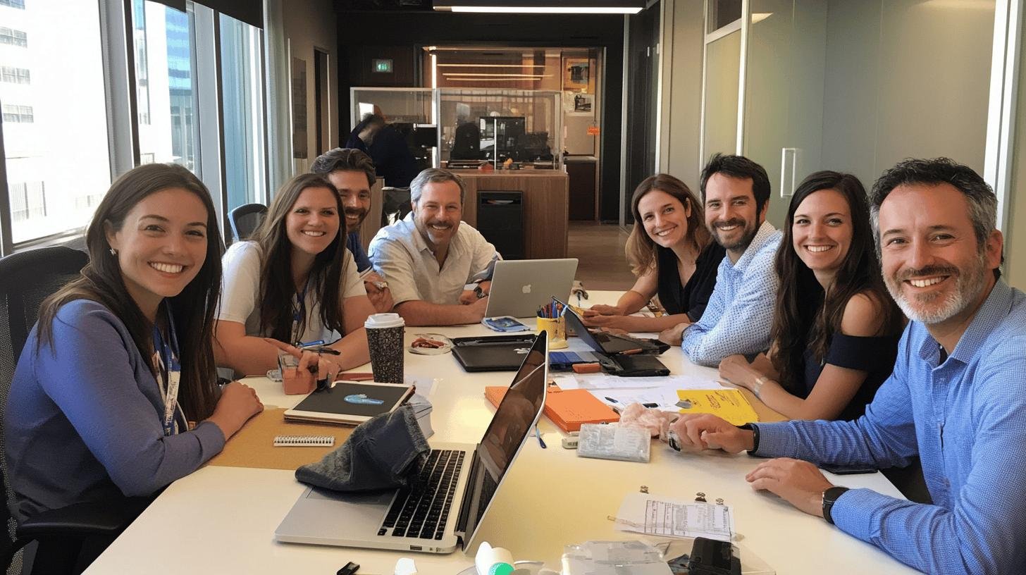 Smiling team members collaborating around a table, demonstrating effective cross-functional teams.