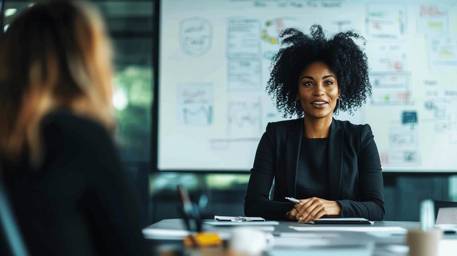 Smiling professional woman leading a meeting, representing essential cross-functional team skills.