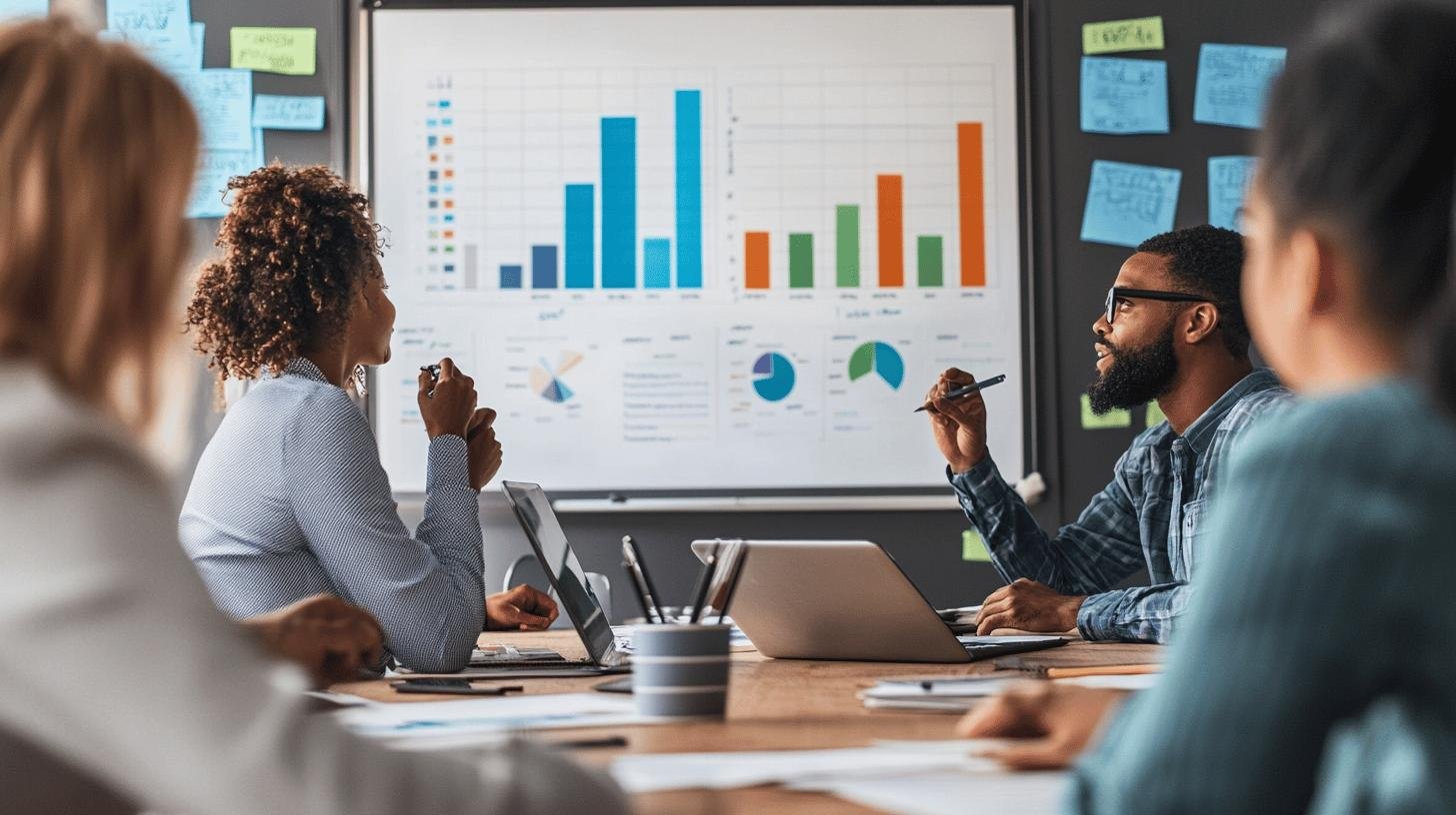 a group of people sitting around a table looking at a chart - Growth Plan in Business