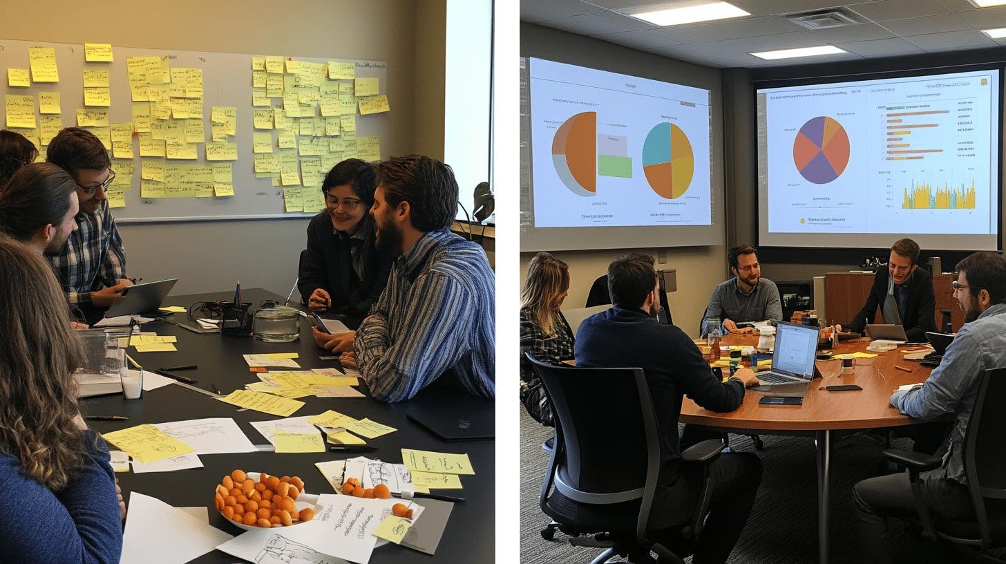 Team discussing strategies with charts and post-it notes, showcasing 'Growth Hacking vs Traditional Marketing' approaches.