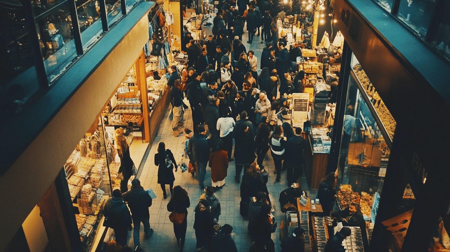 Top view of a crowded marketplace showcasing 'Consumer Market vs. Business Market' dynamics.