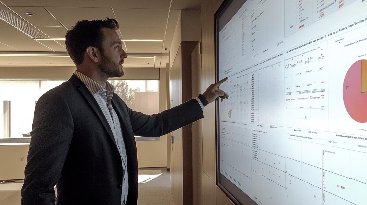 Business professional analyzing data on a large screen for Operational Risk Management.