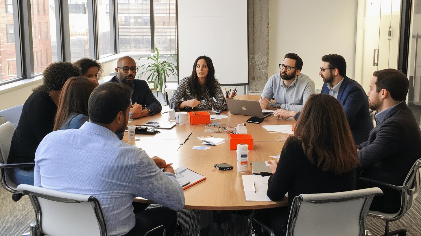 High Performing Cross Functional Teams discussing strategies around a conference table.