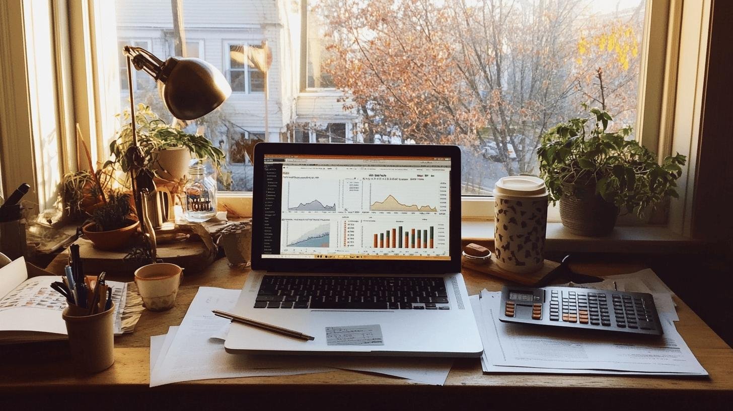 Workspace with a laptop displaying charts, enhancing business development skills.