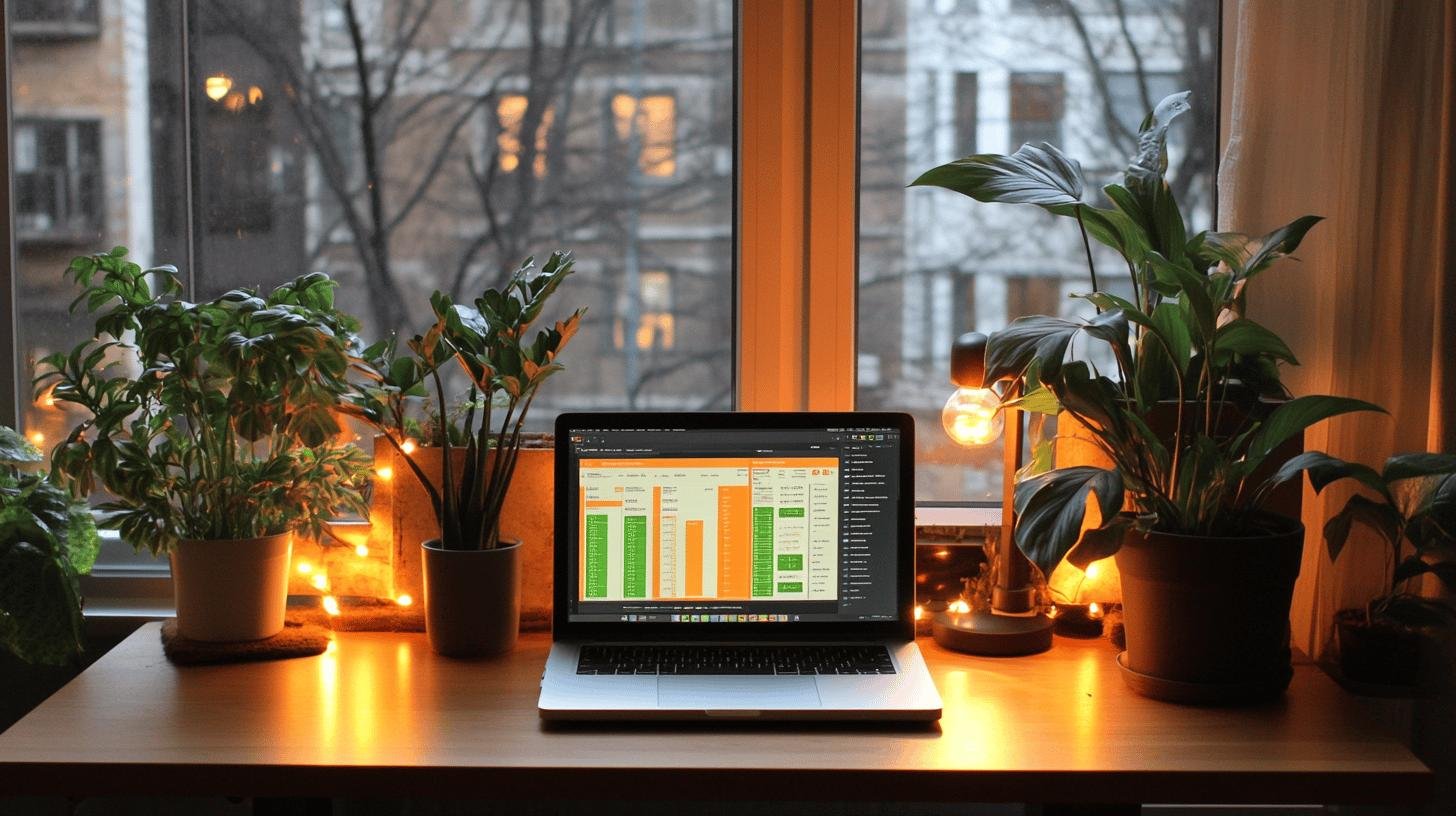 Laptop on a desk surrounded by plants, representing technology in Small Business Development.