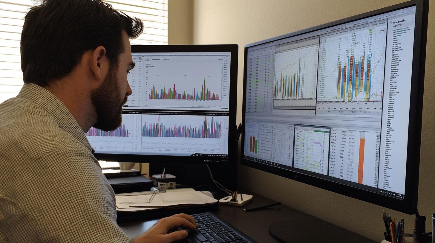 a man sitting at a desk with two computer monitors - market entry and expansion