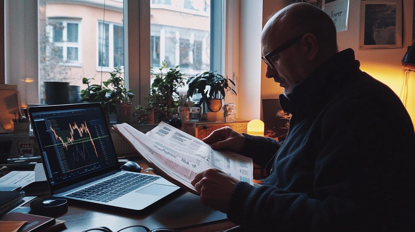 Investor analyzing Market Value vs Market Price data on laptop and newspaper.