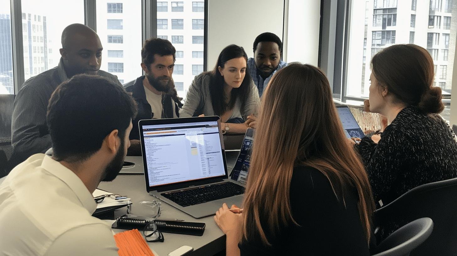 High Performing Cross Functional Teams collaborating around laptops in a meeting room.