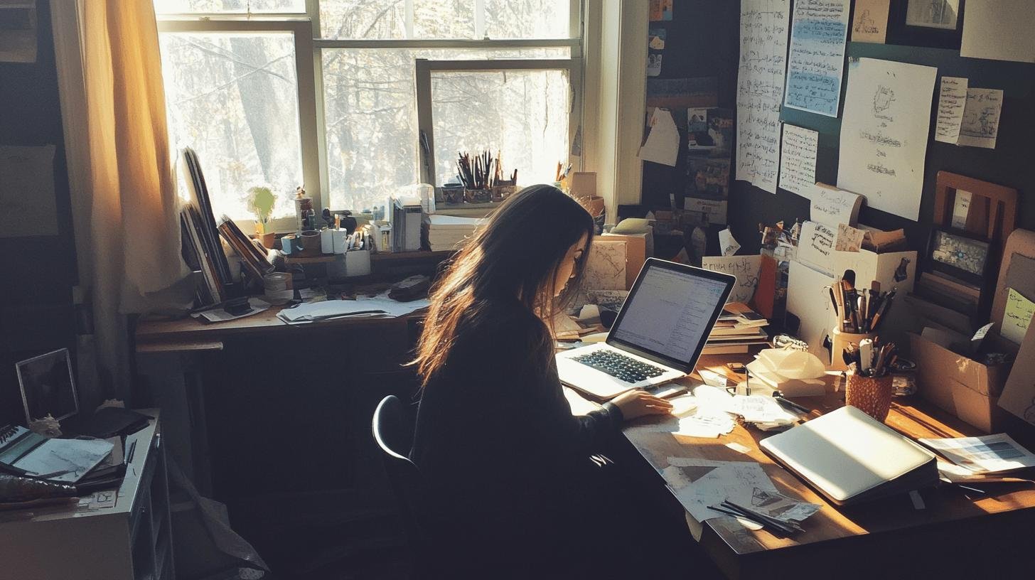 Woman working on a laptop in a home office, highlighting work-life balance challenges.