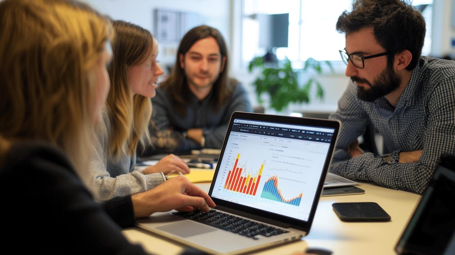 Team analyzing data charts on a laptop, focusing on strategic business development.