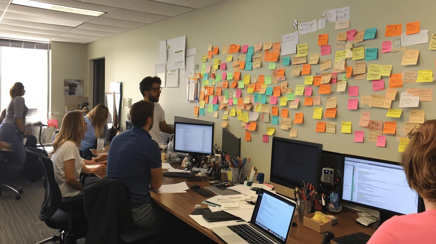 Team brainstorming in an office, planning on a wall of sticky notes, illustrating the phases of business growth.