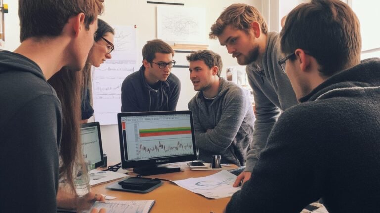 a group of people looking at a computer screen - open book management style