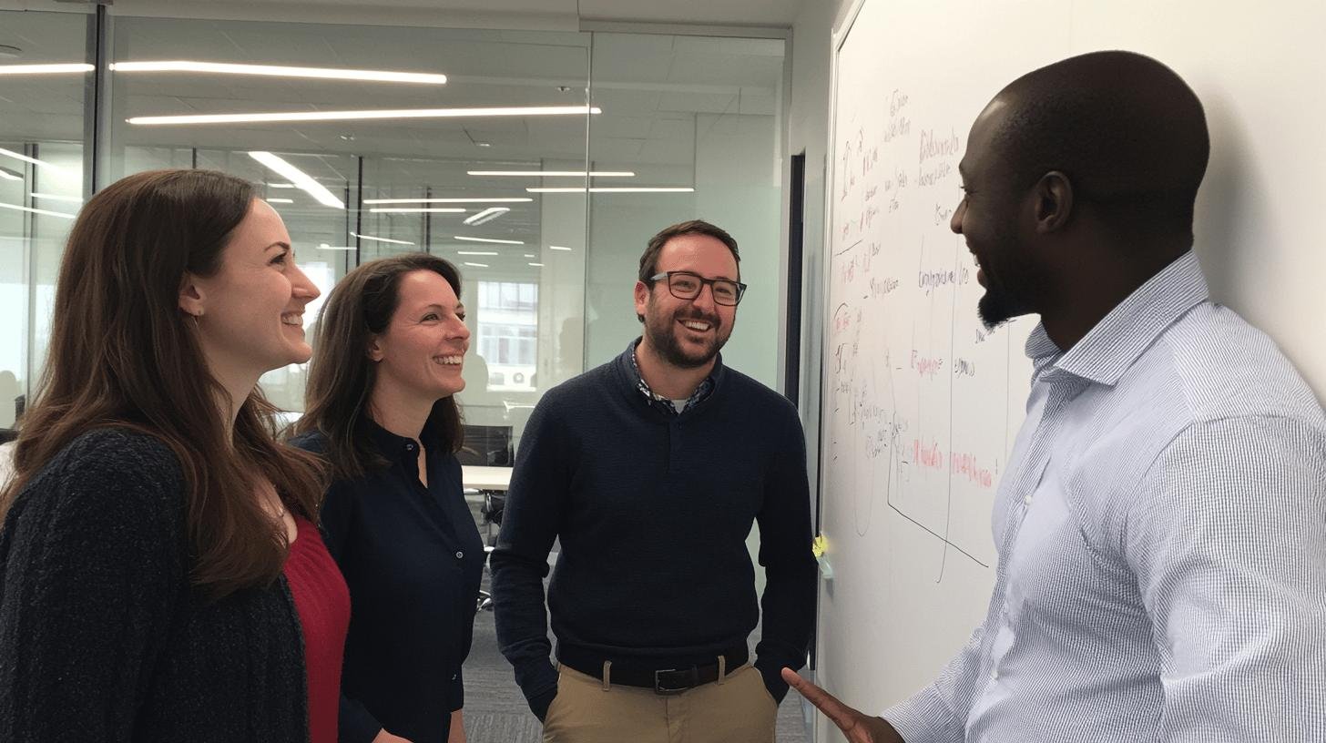 a group of people standing around a whiteboard - - organizational transparency