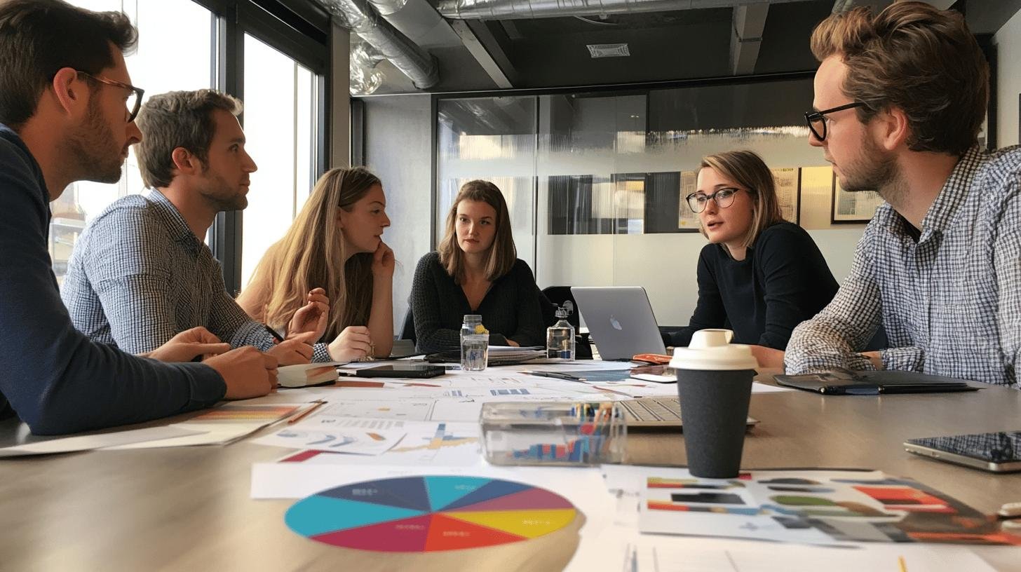 Team discussing strategies for Growth Hacking for B2B Businesses in a meeting room.