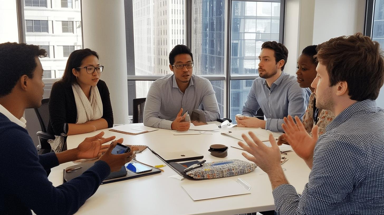 Team discussing strategies for 'Leading Cross Functional Teams' in a collaborative meeting setting