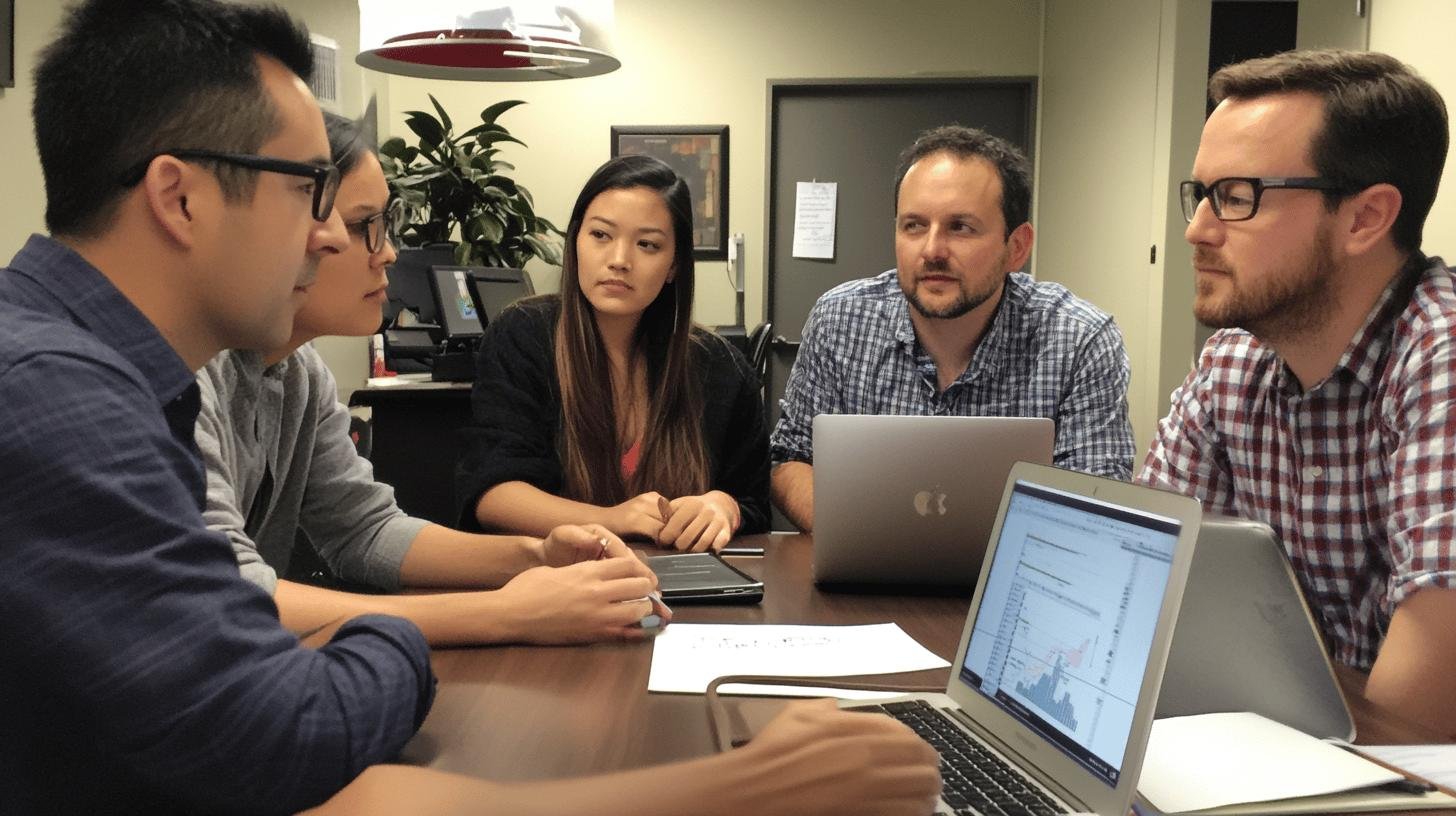 a group of people sitting around a table with laptops - Startup Business Growth Strategies