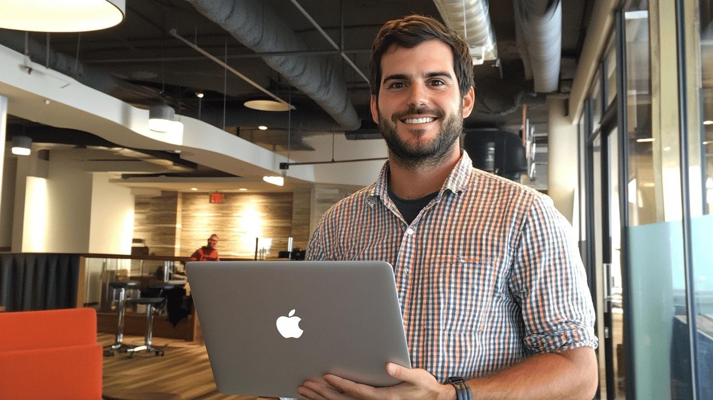 Smiling professional holding a laptop in a modern workspace, related to 'What Is Growth Hacking.