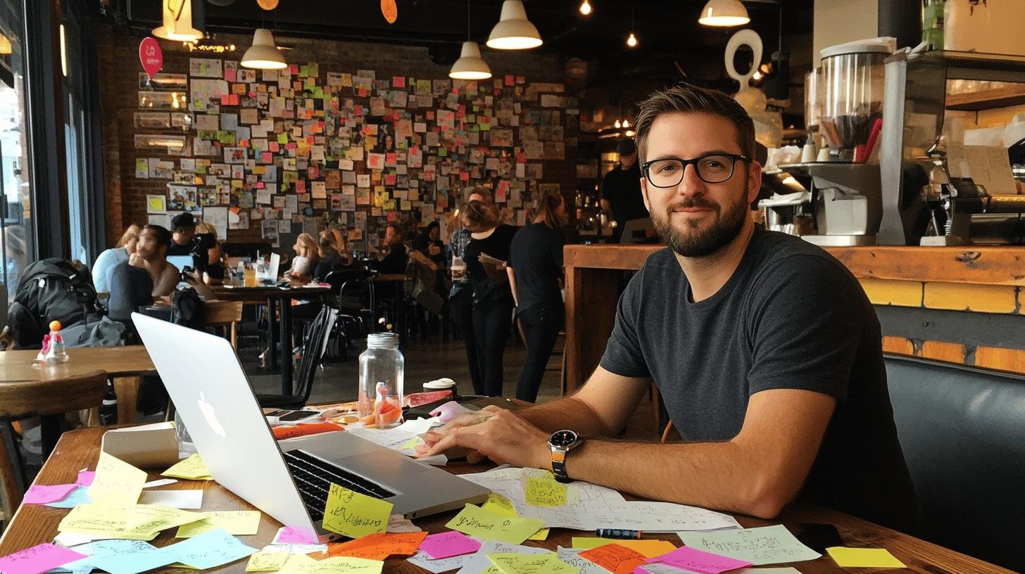 Entrepreneur working on a laptop in a vibrant café, illustrating Growth Hacking for Entrepreneurs.