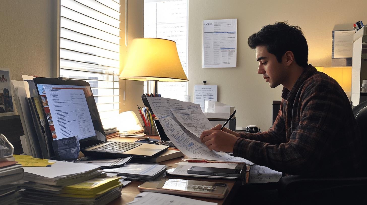 a man sitting at a desk with a computer and papers - grants for business growth