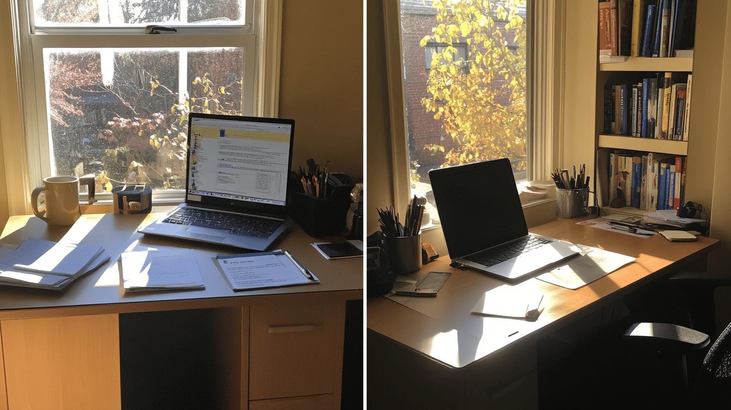 Side-by-side home office setups showcasing different approaches for Work-Life Balance vs Integration.