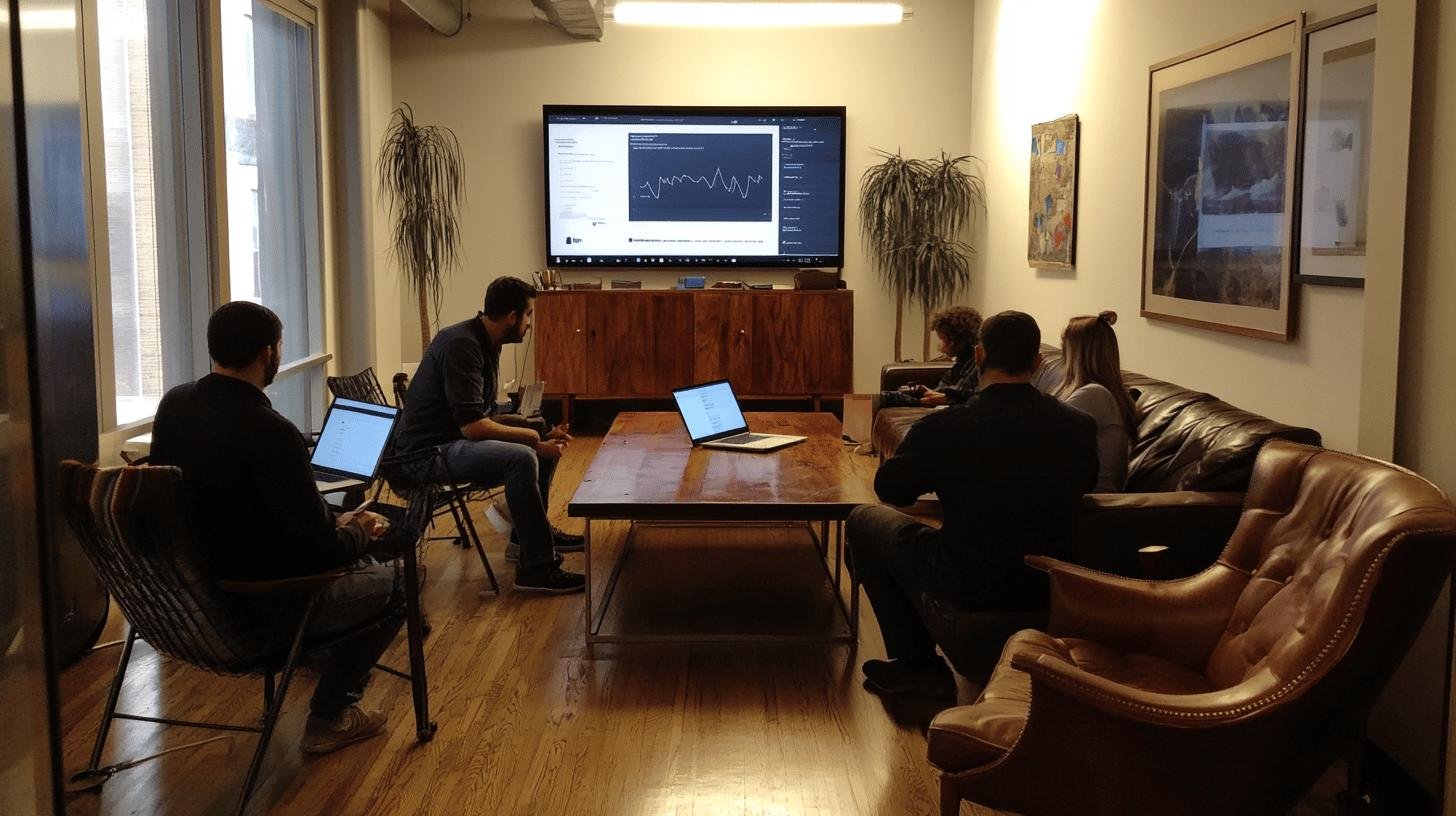 a group of people in a room with laptops - transparency in financial reporting