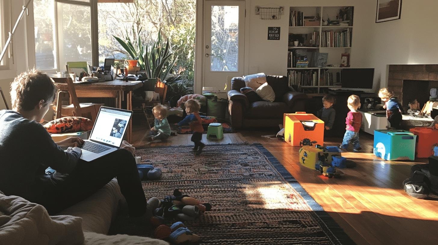 Person working on a laptop in a family living room with children playing, illustrating Work-Life Balance vs Integration.