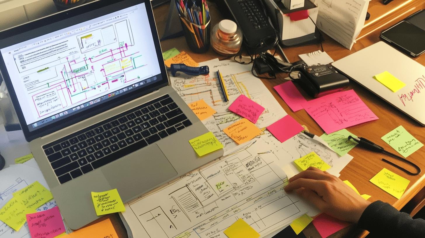 Desk with laptop, sticky notes, and diagrams used for identifying Types of Risks in Risk Management.