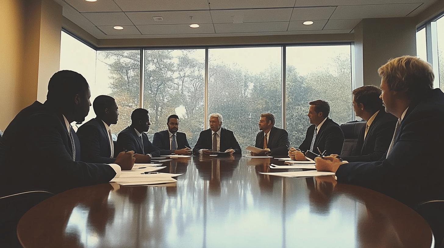 Board of directors discussing corporate governance principles in a formal meeting room.