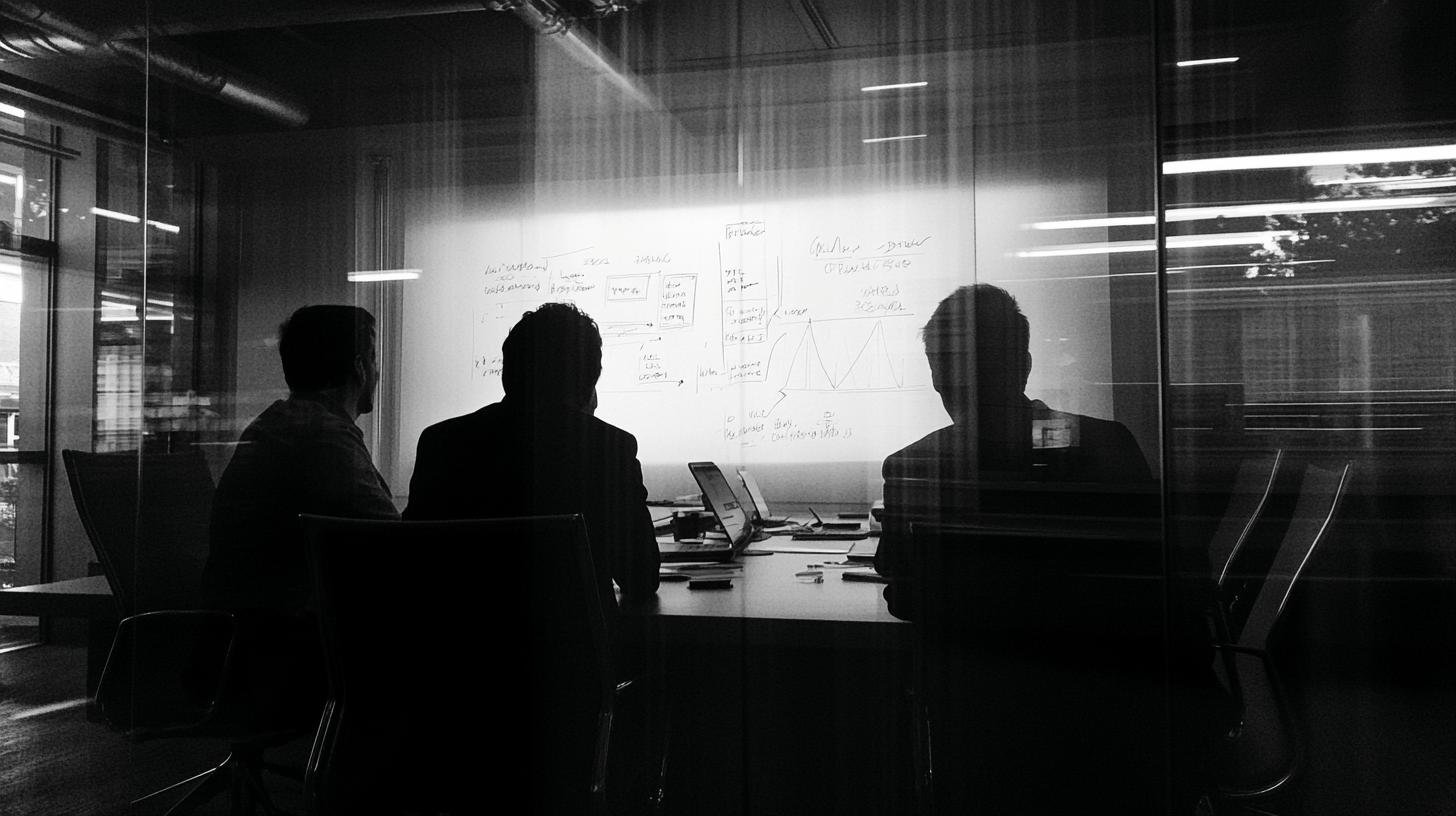 Silhouettes of people collaborating in a conference room, discussing models for strategic planning.