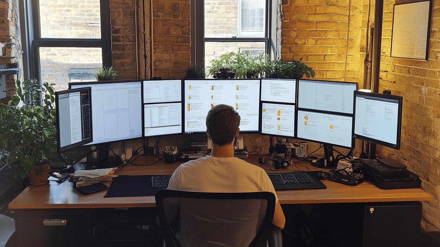 a man sitting in front of multiple computer screens - Startup Business Growth Strategies