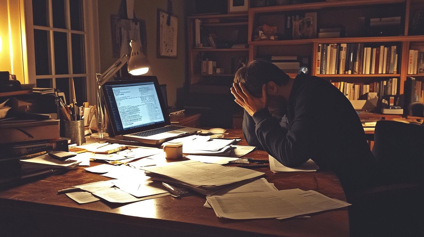 a man sitting at a desk with his hands on his face - Work life balance and mental health