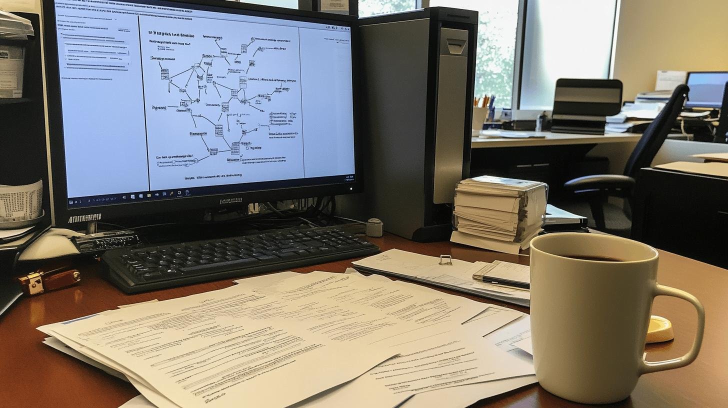 Office desk with computer displaying decision tree diagram as tools of risk management.