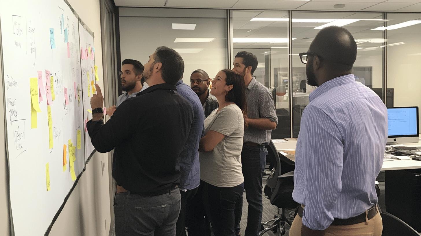 a group of people standing around a whiteboard - Startup Business Growth Strategies