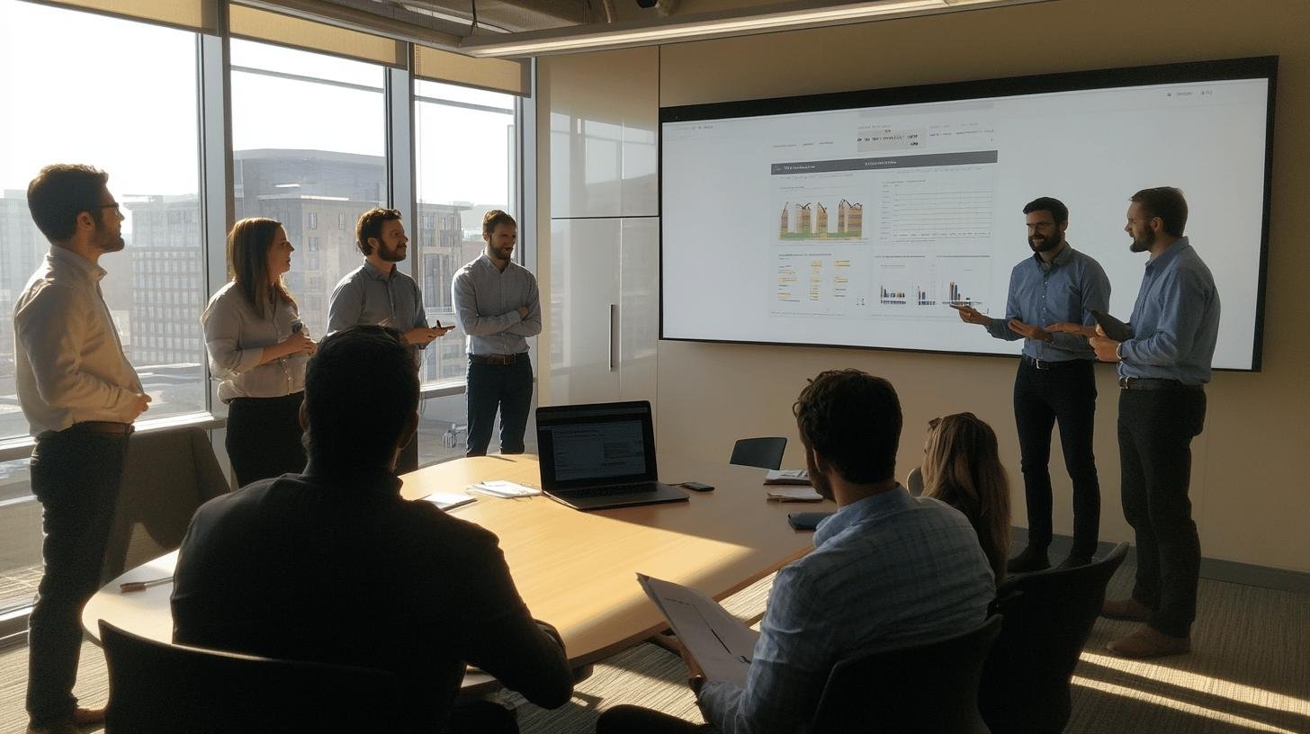 Team presenting data on a screen during a Strategic Marketing Planning session.